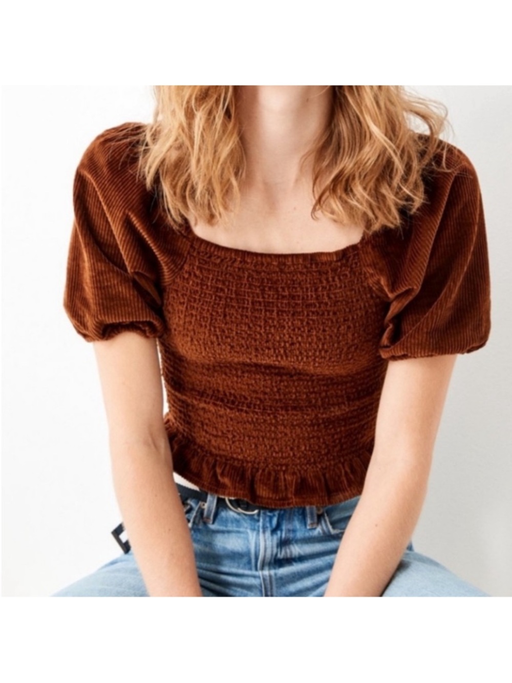 Puff Sleeve Corduroy Smocked Top